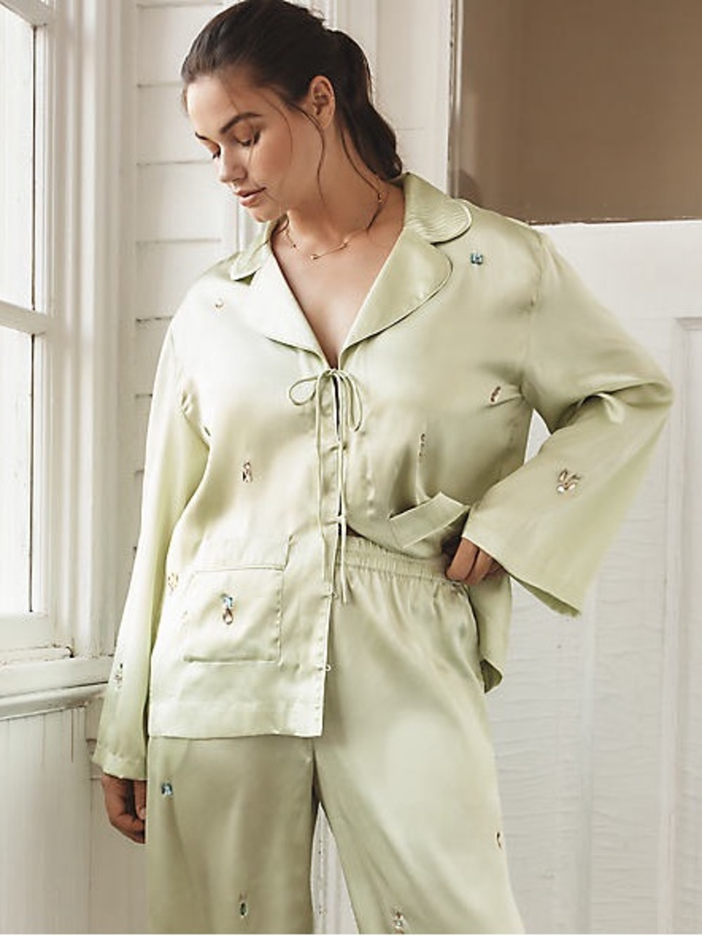 NWT Anthropologie Silky Bejeweled PJ Pajama Top Pistachio Green Medium NWT Gem